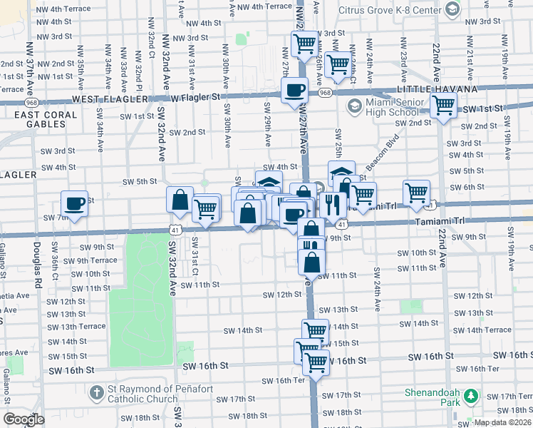 map of restaurants, bars, coffee shops, grocery stores, and more near 710 Southwest 29th Avenue in Miami