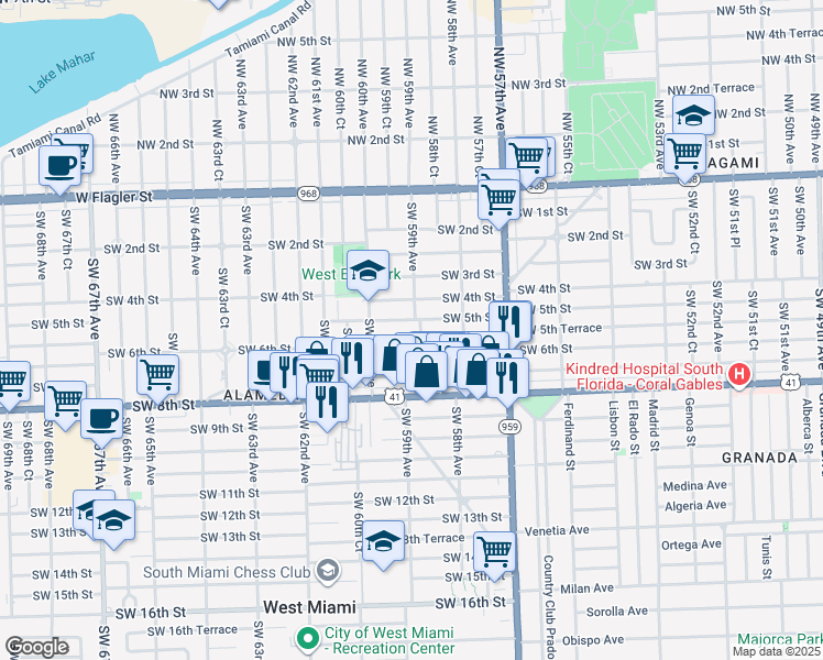 map of restaurants, bars, coffee shops, grocery stores, and more near 5916 Southwest 5th Terrace in Miami