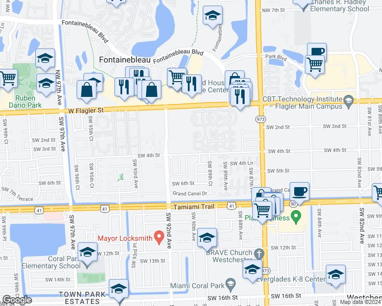 map of restaurants, bars, coffee shops, grocery stores, and more near 403 SW 91st Court in Miami