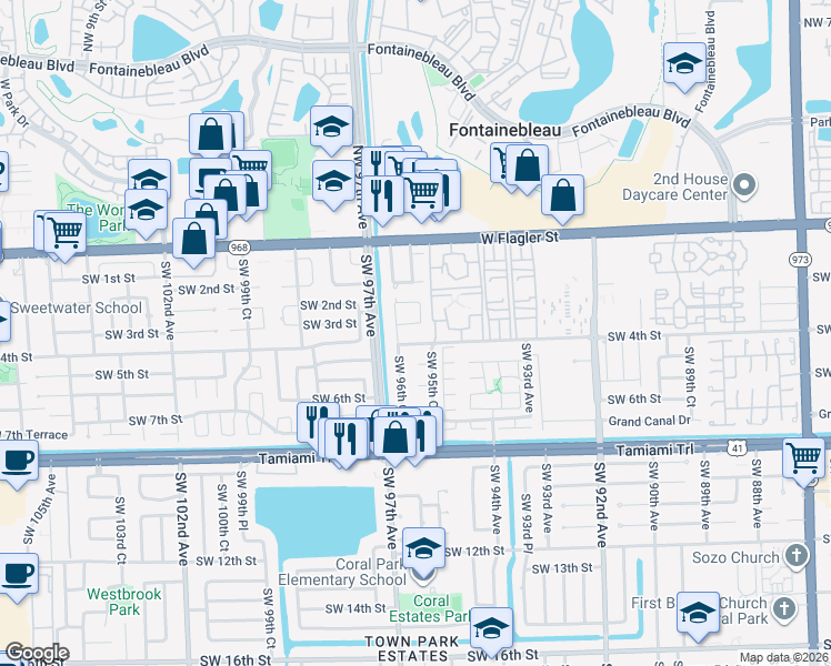 map of restaurants, bars, coffee shops, grocery stores, and more near 9613 Southwest 4th Street in Miami