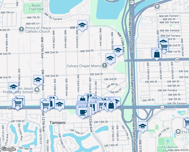 map of restaurants, bars, coffee shops, grocery stores, and more near 12135 Southwest 3rd Street in Miami