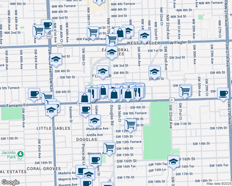 map of restaurants, bars, coffee shops, grocery stores, and more near 3661 Southwest 7th Street in Miami