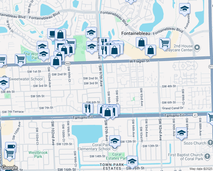 map of restaurants, bars, coffee shops, grocery stores, and more near 9613 Southwest 4th Street in Miami