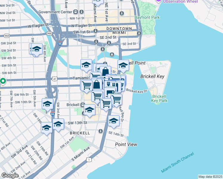 map of restaurants, bars, coffee shops, grocery stores, and more near 830 Brickell Avenue in Miami