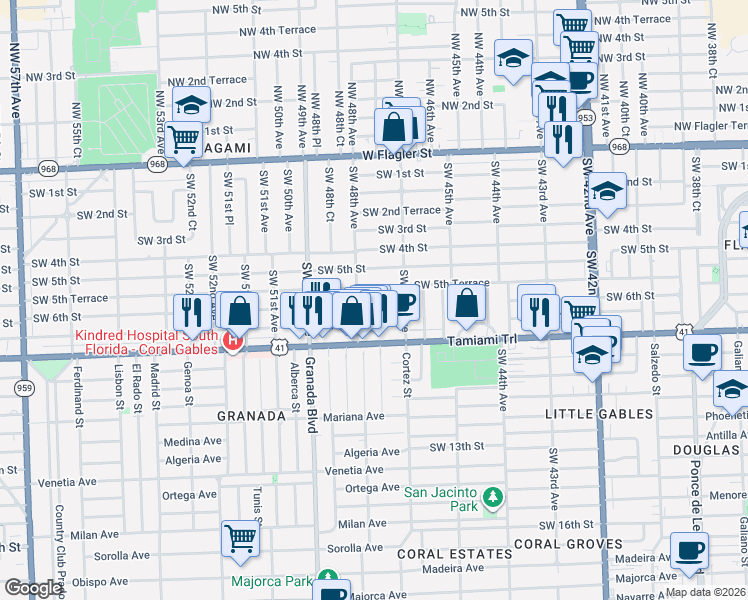 map of restaurants, bars, coffee shops, grocery stores, and more near 601 Southwest 47th Court in Coral Gables