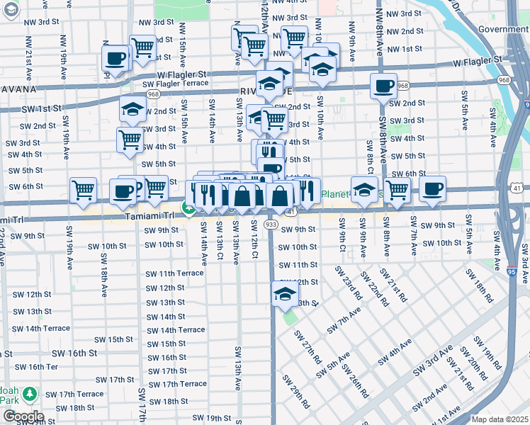map of restaurants, bars, coffee shops, grocery stores, and more near 1208 Southwest 8th Street in Miami