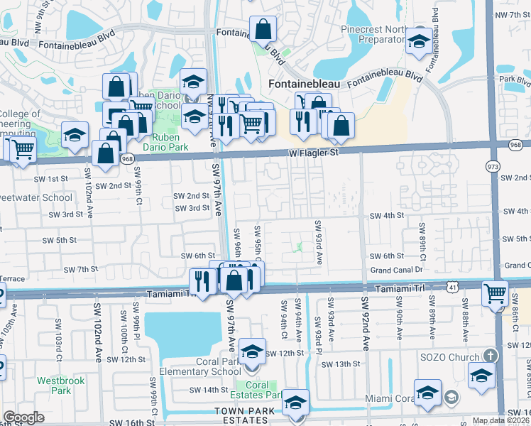 map of restaurants, bars, coffee shops, grocery stores, and more near 1111 Southwest 95th Court in Miami