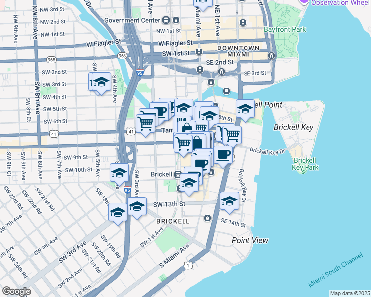 map of restaurants, bars, coffee shops, grocery stores, and more near 80 Southwest 8th Street in Miami