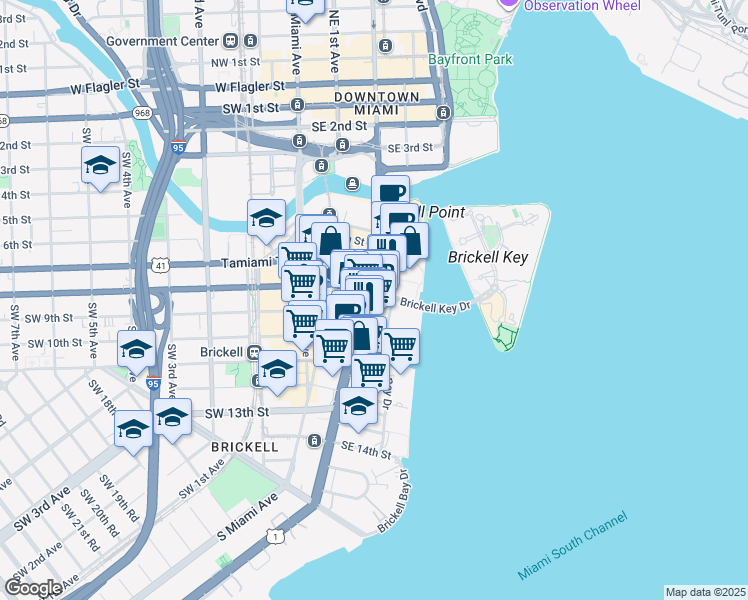 map of restaurants, bars, coffee shops, grocery stores, and more near 801 Brickell Avenue in Miami