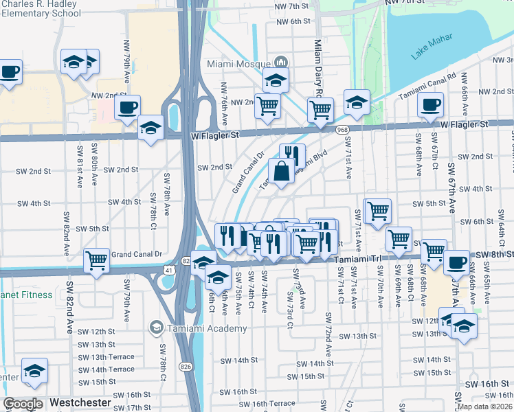 map of restaurants, bars, coffee shops, grocery stores, and more near 440 Flagami Boulevard in Miami