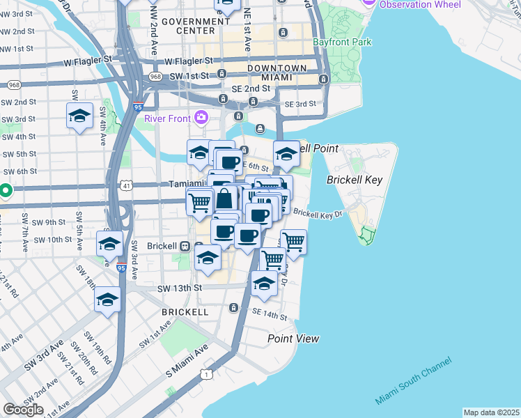 map of restaurants, bars, coffee shops, grocery stores, and more near 800 Brickell Avenue in Miami