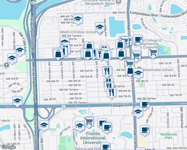 map of restaurants, bars, coffee shops, grocery stores, and more near 11132 Southwest 3rd Street in Miami