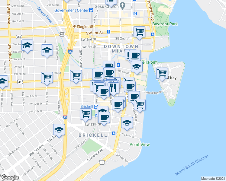 map of restaurants, bars, coffee shops, grocery stores, and more near 871 South Miami Avenue in Miami