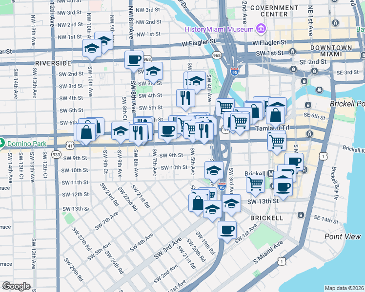 map of restaurants, bars, coffee shops, grocery stores, and more near 561 Southwest 9th Street in Miami