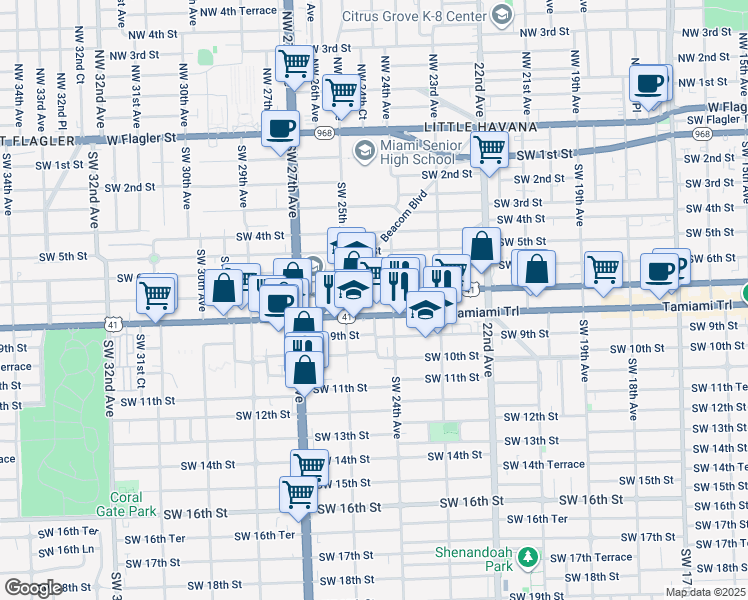 map of restaurants, bars, coffee shops, grocery stores, and more near 2425 Florida 90 in Miami