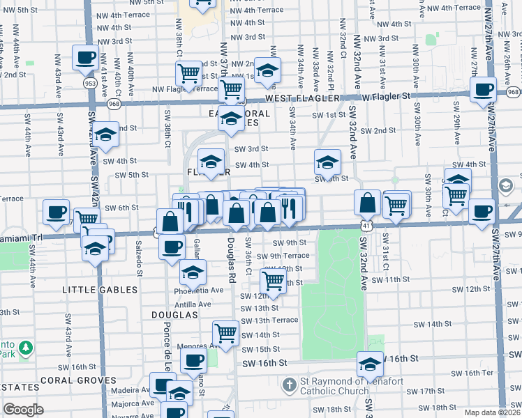 map of restaurants, bars, coffee shops, grocery stores, and more near 3590 Southwest 7th Street in Miami