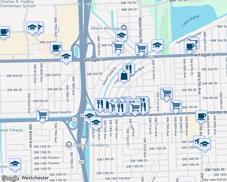 map of restaurants, bars, coffee shops, grocery stores, and more near 440 Flagami Boulevard in Miami