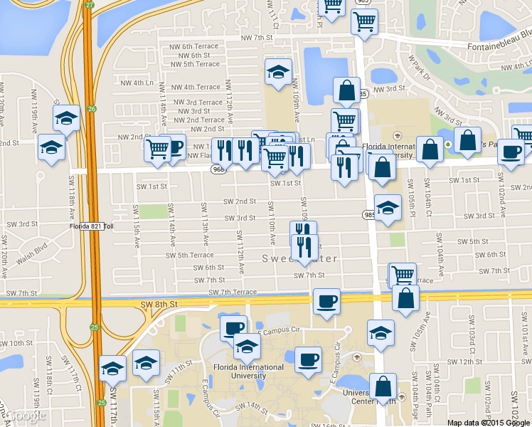 map of restaurants, bars, coffee shops, grocery stores, and more near 301 Southwest 110th Avenue in Miami