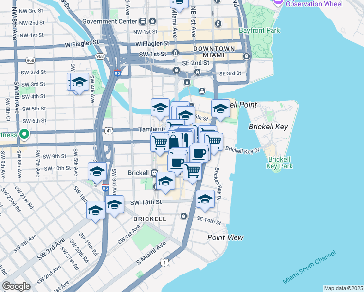 map of restaurants, bars, coffee shops, grocery stores, and more near 871 South Miami Avenue in Miami