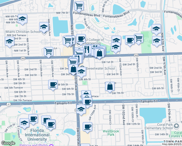 map of restaurants, bars, coffee shops, grocery stores, and more near 330 Southwest 104th Court in Miami