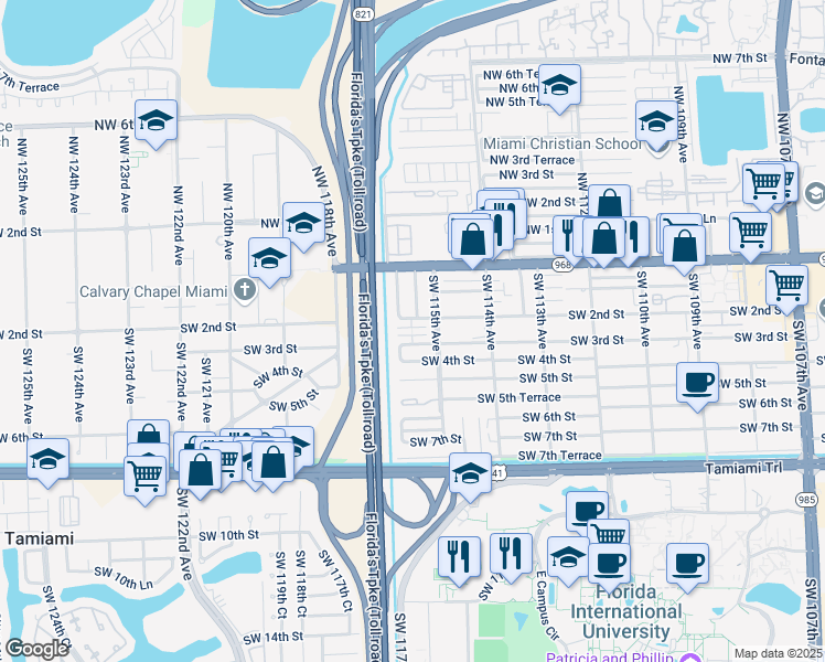 map of restaurants, bars, coffee shops, grocery stores, and more near 11522 Southwest 3rd Street in Miami