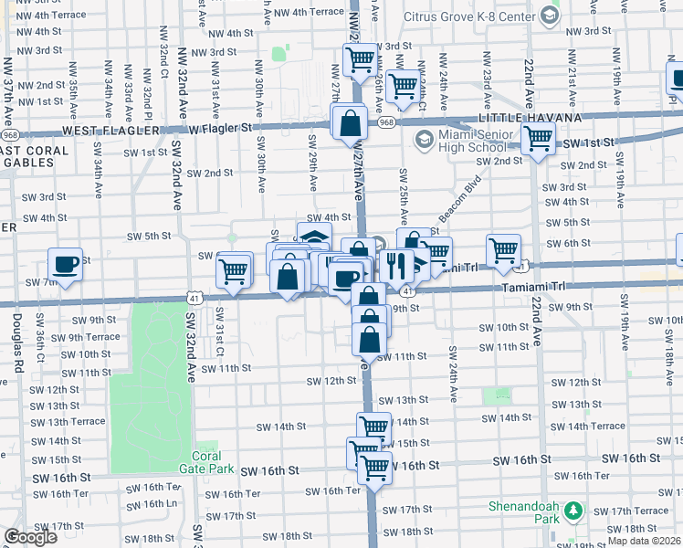 map of restaurants, bars, coffee shops, grocery stores, and more near in Miami