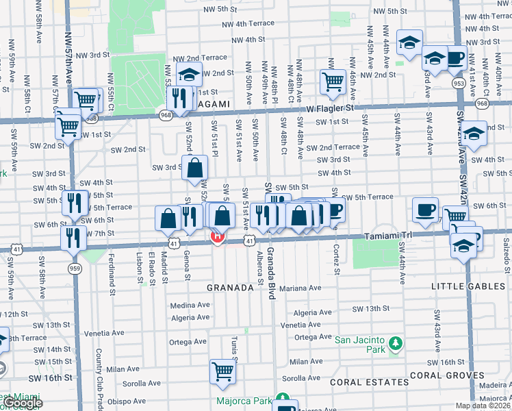map of restaurants, bars, coffee shops, grocery stores, and more near 555 Southwest 51st Avenue in Coral Gables