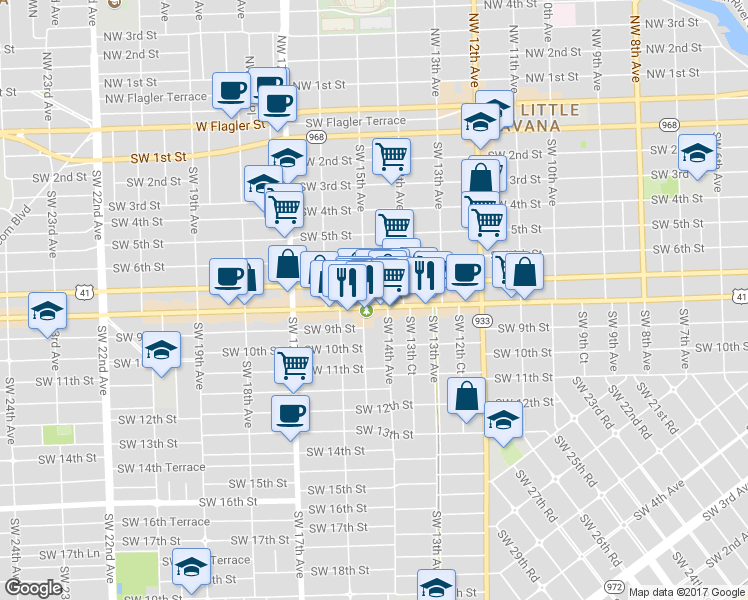 map of restaurants, bars, coffee shops, grocery stores, and more near 1442 Southwest 8th Street in Miami