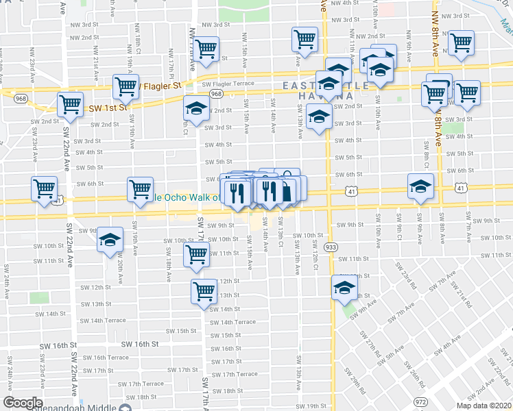 map of restaurants, bars, coffee shops, grocery stores, and more near 1442 Southwest 8th Street in Miami