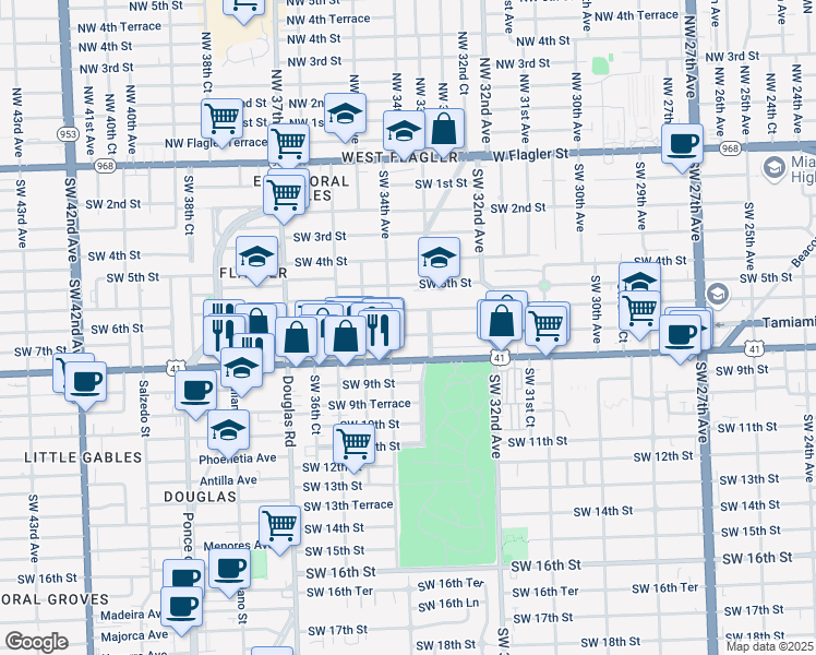 map of restaurants, bars, coffee shops, grocery stores, and more near 3300 Southwest 7th Street in Miami