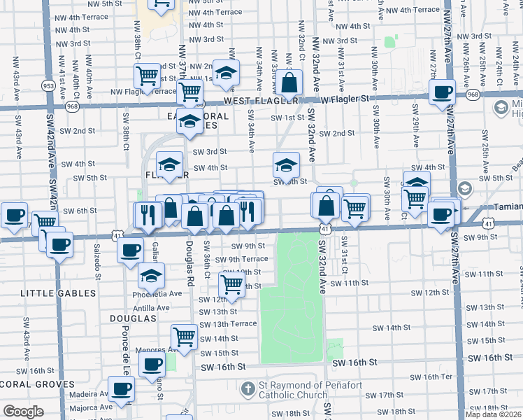 map of restaurants, bars, coffee shops, grocery stores, and more near 3300 Southwest 7th Street in Miami