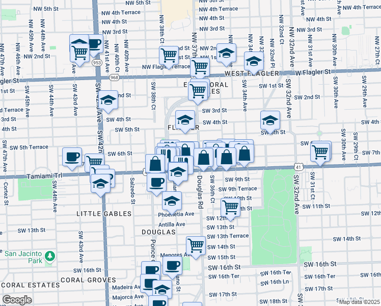 map of restaurants, bars, coffee shops, grocery stores, and more near 19 Oviedo Avenue in Coral Gables