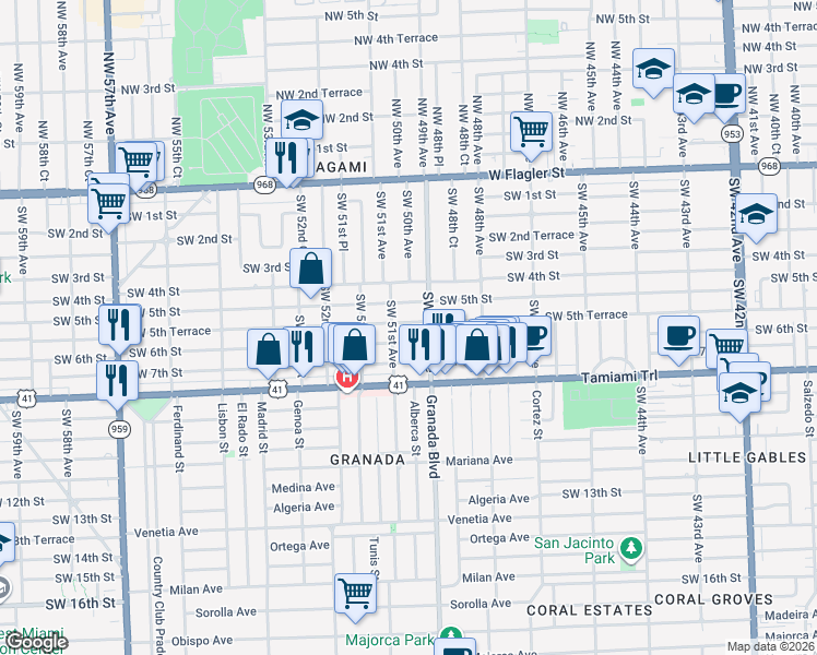 map of restaurants, bars, coffee shops, grocery stores, and more near 555 Southwest 51st Avenue in Coral Gables