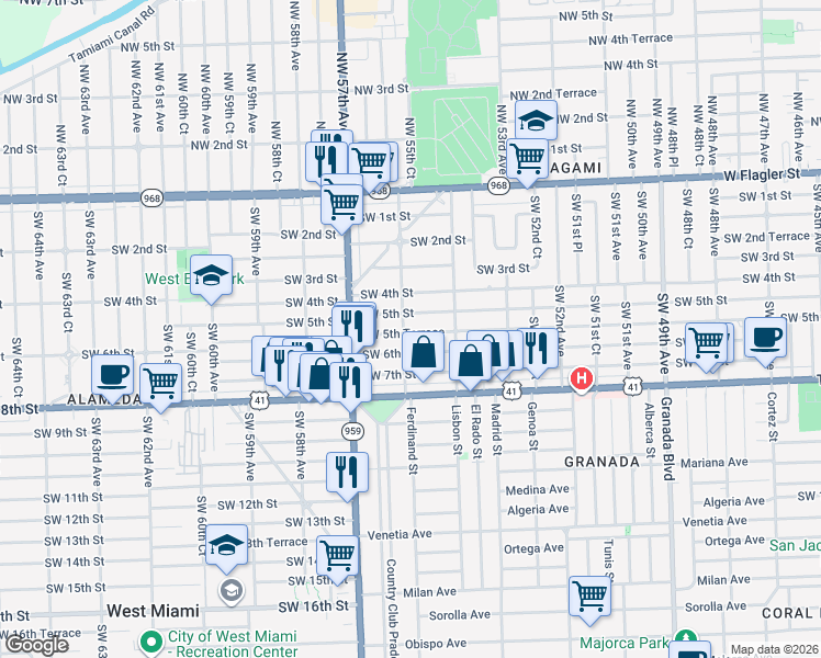 map of restaurants, bars, coffee shops, grocery stores, and more near 552 Southwest 56th Avenue in Coral Gables