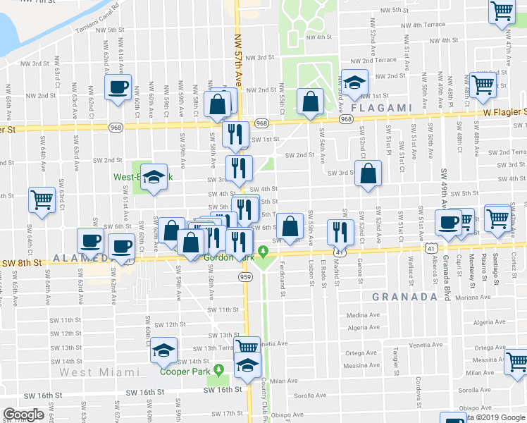 map of restaurants, bars, coffee shops, grocery stores, and more near 552 Southwest 56th Avenue in Coral Gables