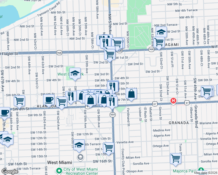 map of restaurants, bars, coffee shops, grocery stores, and more near 5760 Southwest 5th Terrace in Miami
