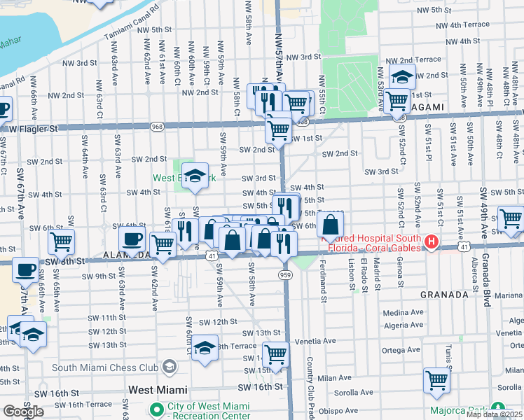 map of restaurants, bars, coffee shops, grocery stores, and more near 5750 Southwest 5th Terrace in Miami