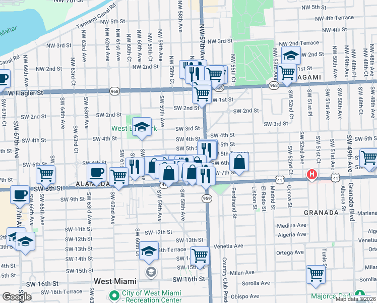 map of restaurants, bars, coffee shops, grocery stores, and more near 5760 Southwest 5th Terrace in Miami