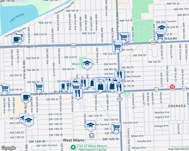 map of restaurants, bars, coffee shops, grocery stores, and more near 5916 Southwest 5th Terrace in Miami