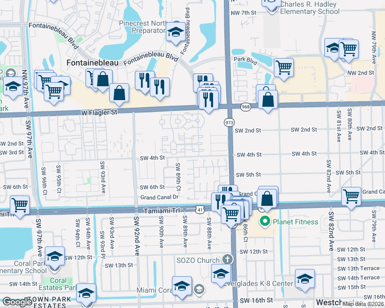 map of restaurants, bars, coffee shops, grocery stores, and more near 8921 Southwest 4th Terrace in Miami