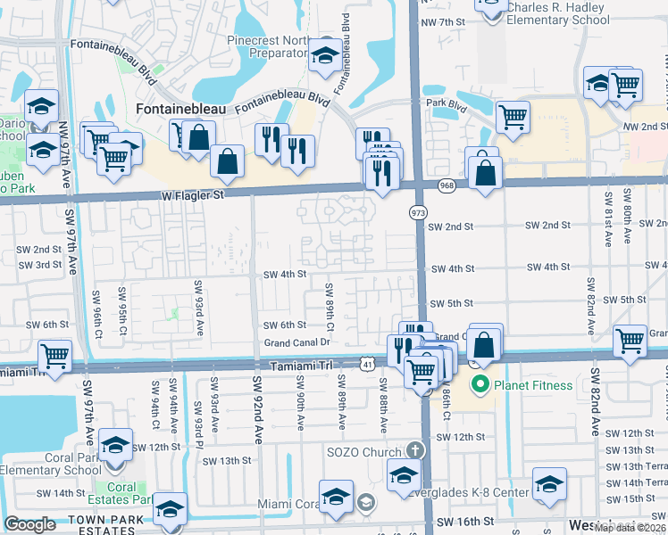 map of restaurants, bars, coffee shops, grocery stores, and more near 8921 Southwest 4th Terrace in Miami