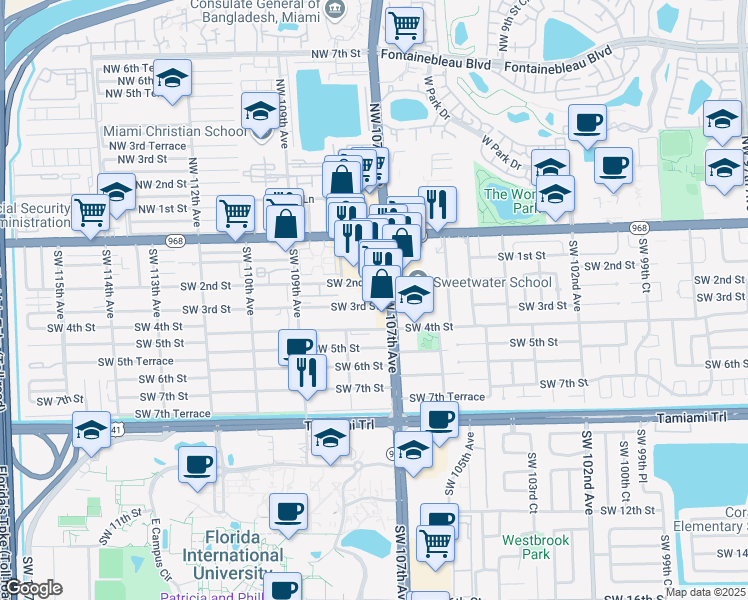 map of restaurants, bars, coffee shops, grocery stores, and more near 10750 Southwest 3rd Street in Miami