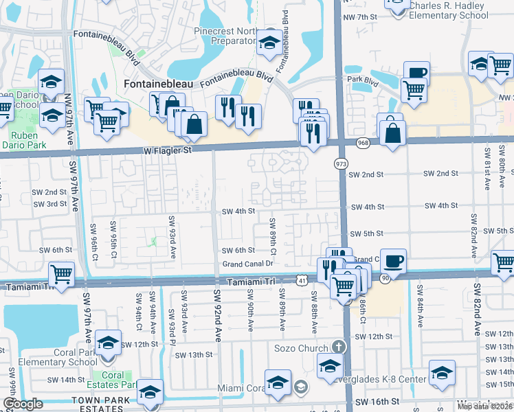 map of restaurants, bars, coffee shops, grocery stores, and more near 403 Southwest 89th Place in Miami
