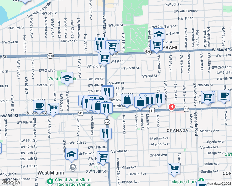 map of restaurants, bars, coffee shops, grocery stores, and more near 5635 Southwest 5th Terrace in Miami