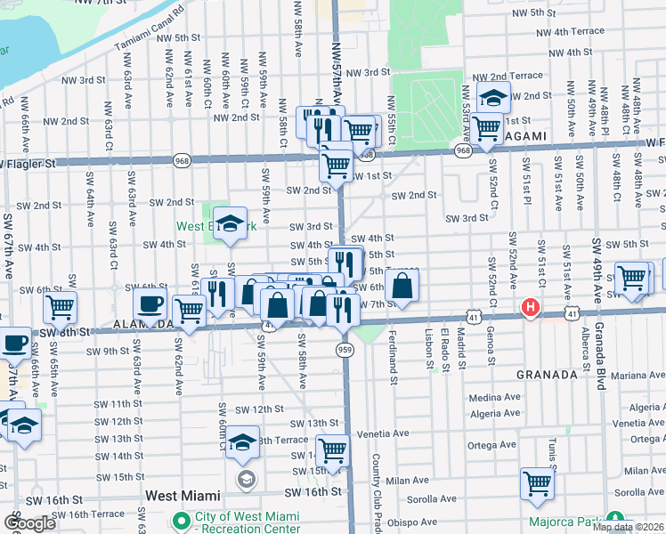 map of restaurants, bars, coffee shops, grocery stores, and more near 5760 Southwest 5th Terrace in Miami