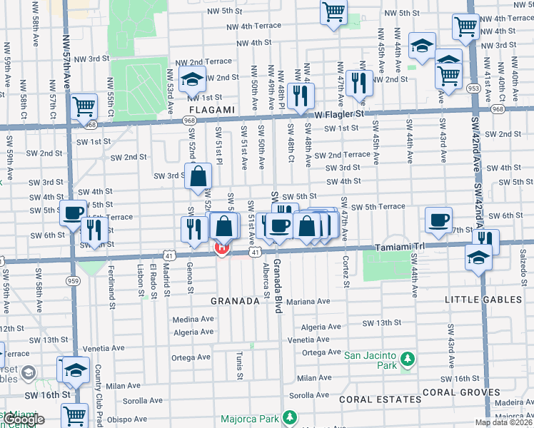 map of restaurants, bars, coffee shops, grocery stores, and more near 4891 Southwest 6th Street in Coral Gables