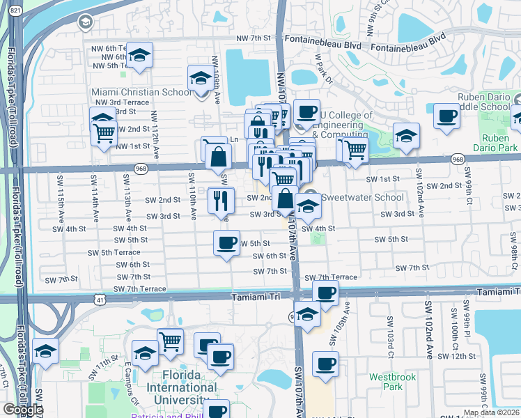 map of restaurants, bars, coffee shops, grocery stores, and more near 10750 Southwest 3rd Street in Miami