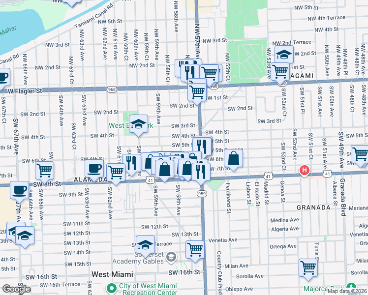 map of restaurants, bars, coffee shops, grocery stores, and more near 5760 Southwest 5th Terrace in Miami