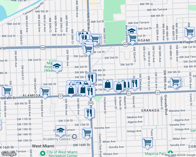 map of restaurants, bars, coffee shops, grocery stores, and more near 552 Southwest 56th Avenue in Coral Gables