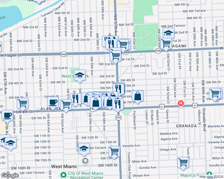 map of restaurants, bars, coffee shops, grocery stores, and more near 5740 Southwest 5th Street in Miami